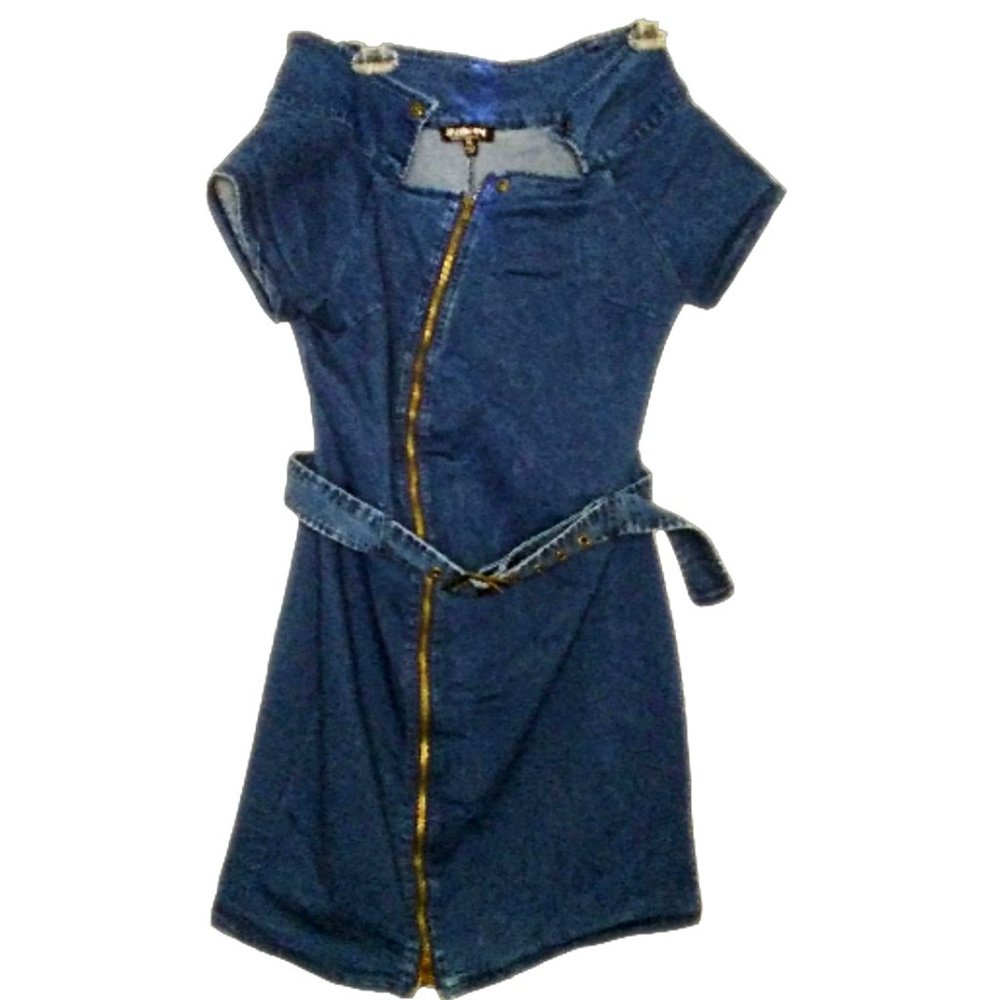 FASHION  NOVA Zip Front Belted Off  Shoulder Stretch Demin Dress Size 1XL